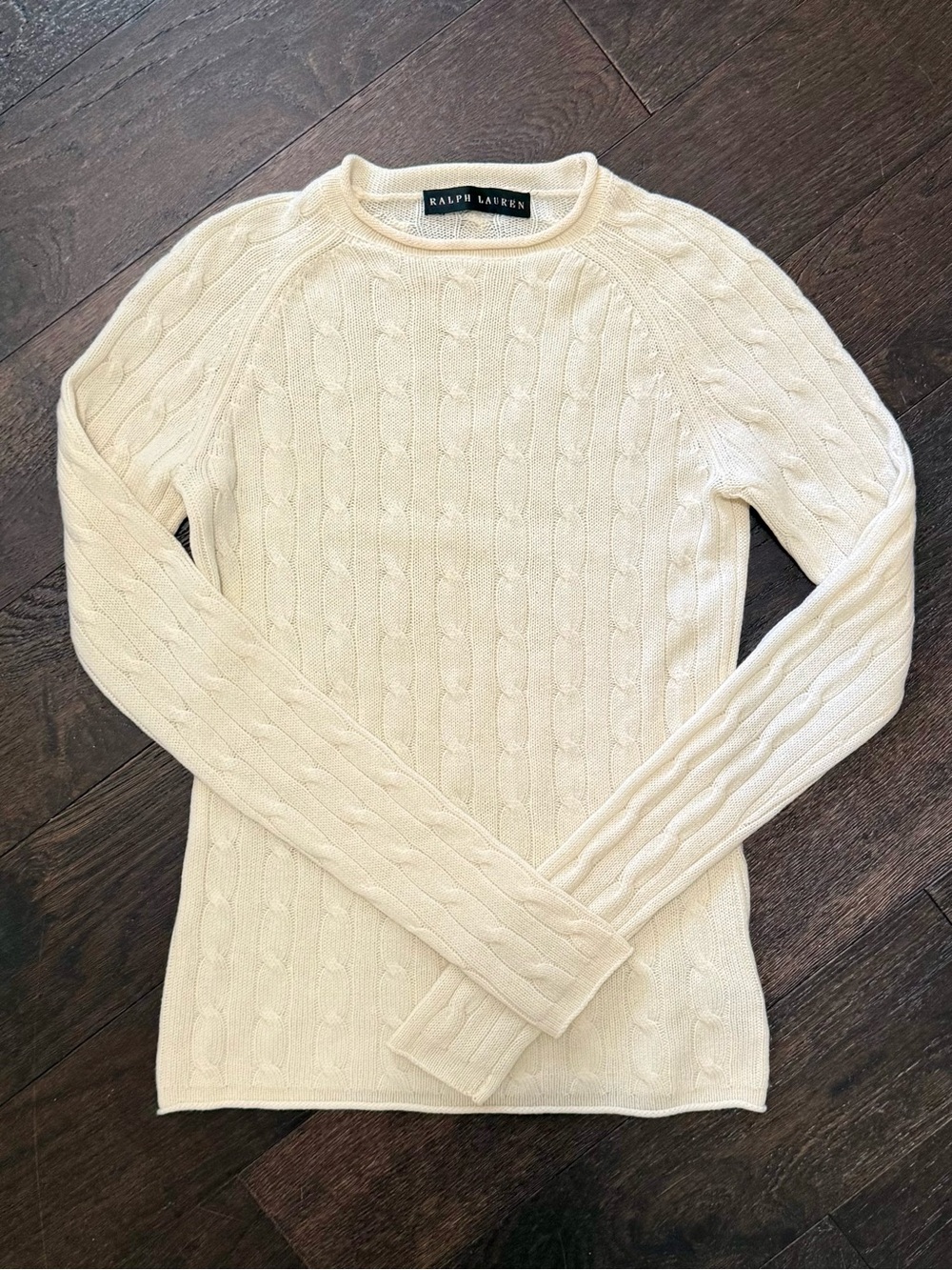 Ralph Lauren Black Label 100% Cashmere Cable Knit Sweater Cream Fits S